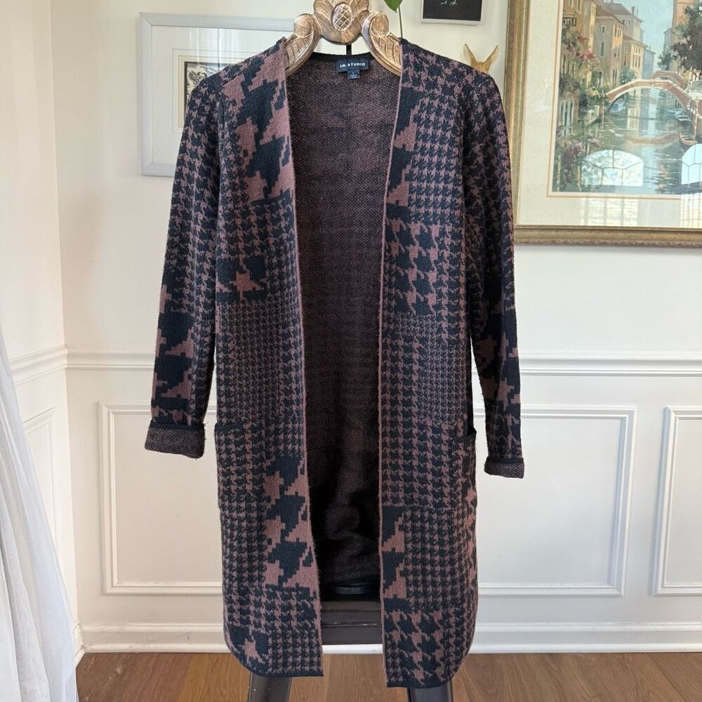 I.N. Studio Longline Brown Black Houndstooth Cardigan L